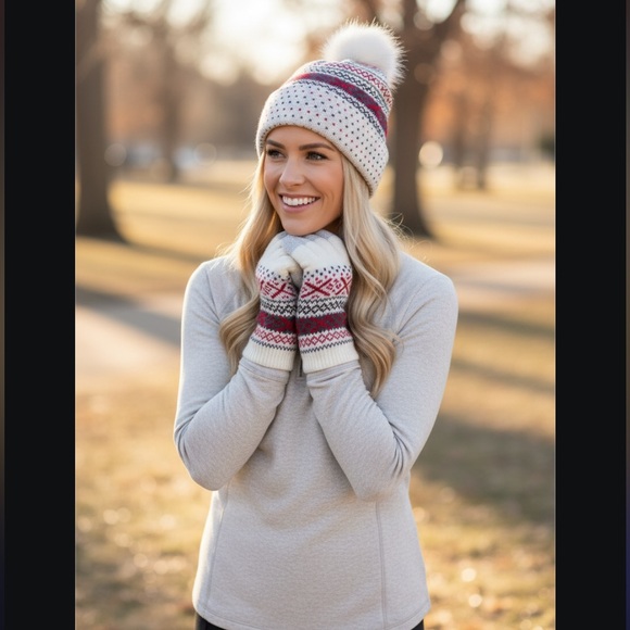 Talbots Red and White Knit Hat with Pom